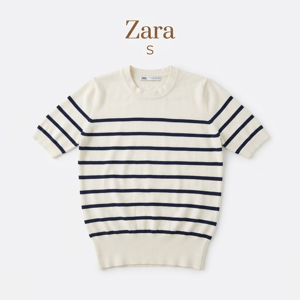 Zara Short Sleeve Knit Top Striped Crewneck Size S Cream Navy